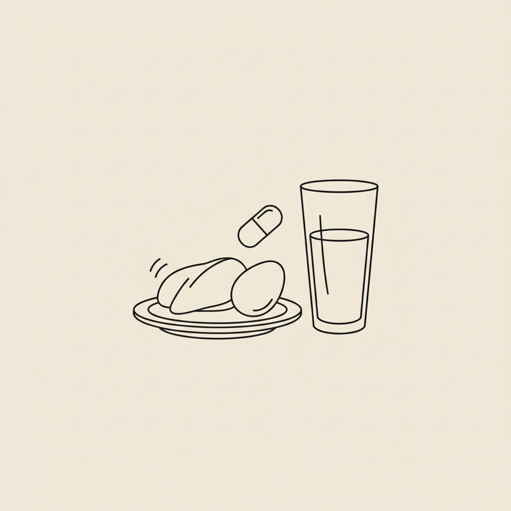 Minimal Tonum-style line illustration of a protein plate, water glass, and supplement capsule on beige background for menopause weight loss