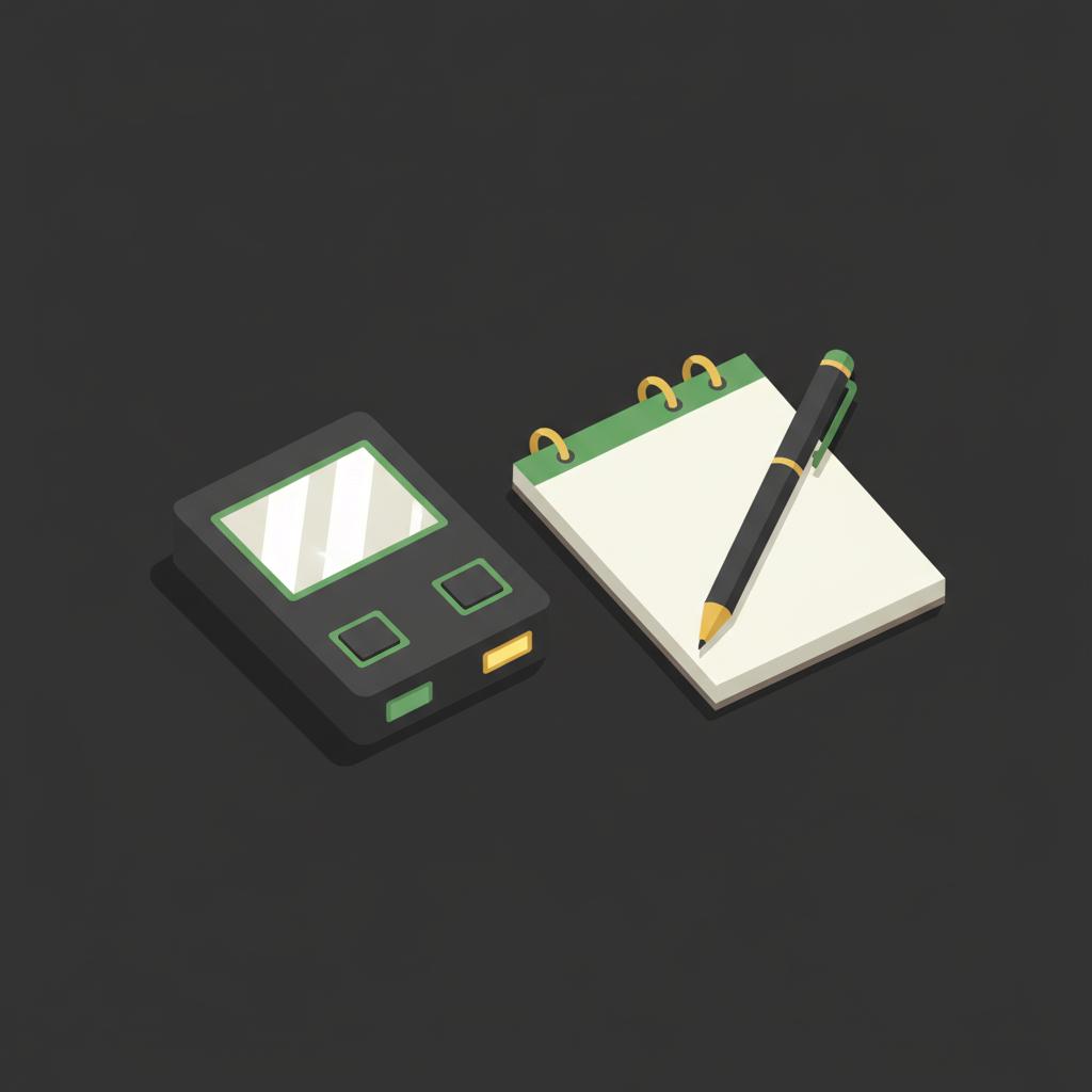 Minimal 2D vector illustration of a hardware wallet next to a notepad and pen symbolizing custody and personal finance hygiene for crypto exchanges on a dark background
