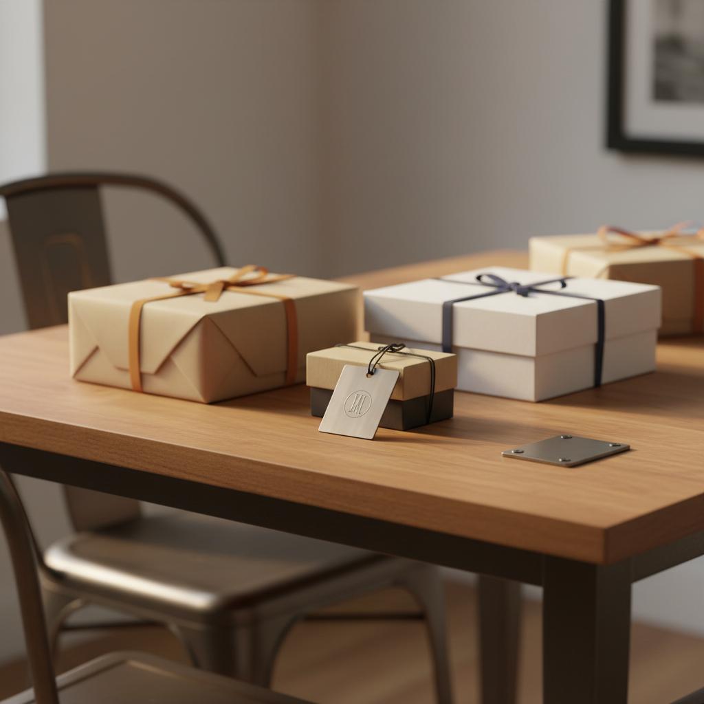 Nahaufnahme eines Esstisches mit Geschenkboxen, graviertem Metallanhänger und warmem Licht, dezente Steelmonks-Farben – geschenkideen für schwiegertochter