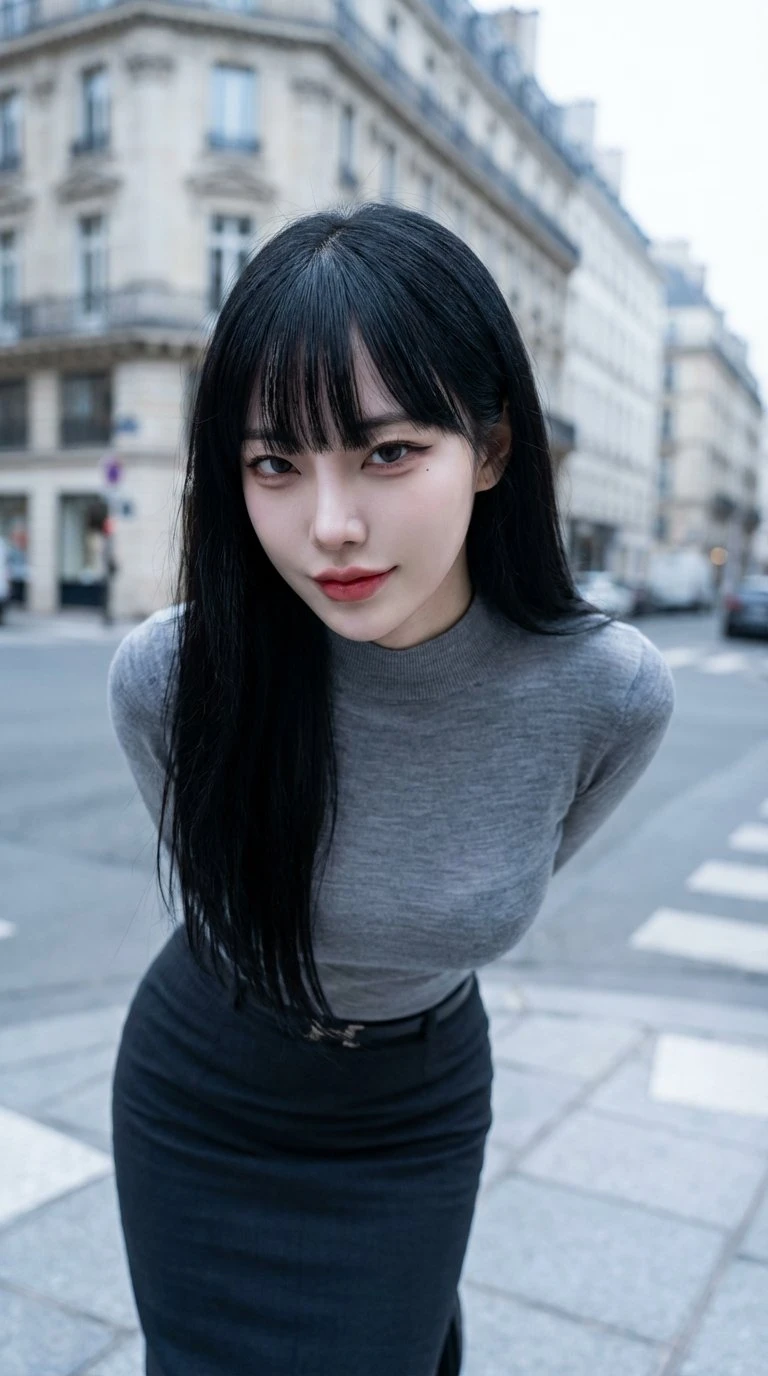 Impresionante fotografía tomada desde un ángulo elevado de una elegante influencer de moda asiática.