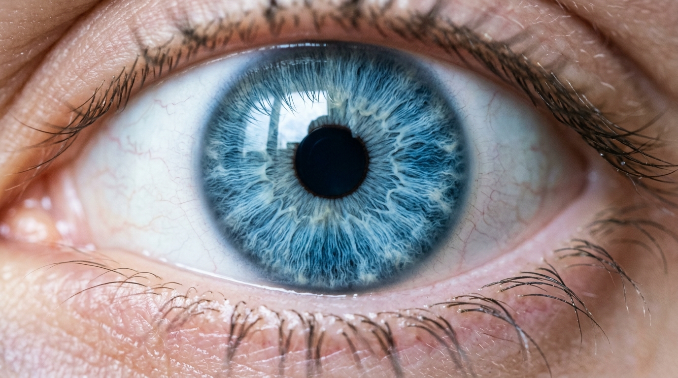 Gros plan d'un œil bleu après kératopigmentation, iris et cornée transformés avec un résultat naturel