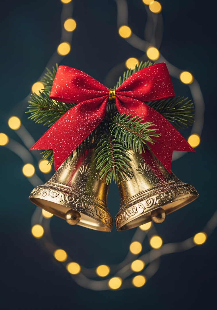 Golden Christmas Bells Red Bow