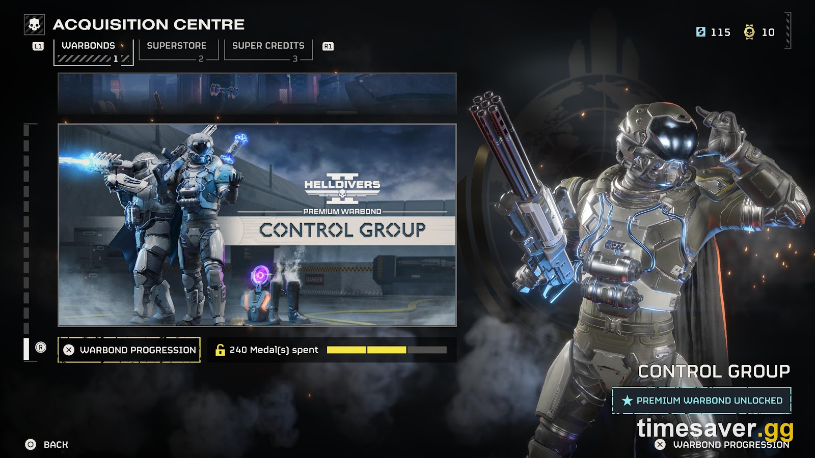 Helldivers 2 Acquisition Centre screen with the Warbonds, Superstore and Super Credits tabs, showing a Premium Warbond unlocked at 240 medals spent