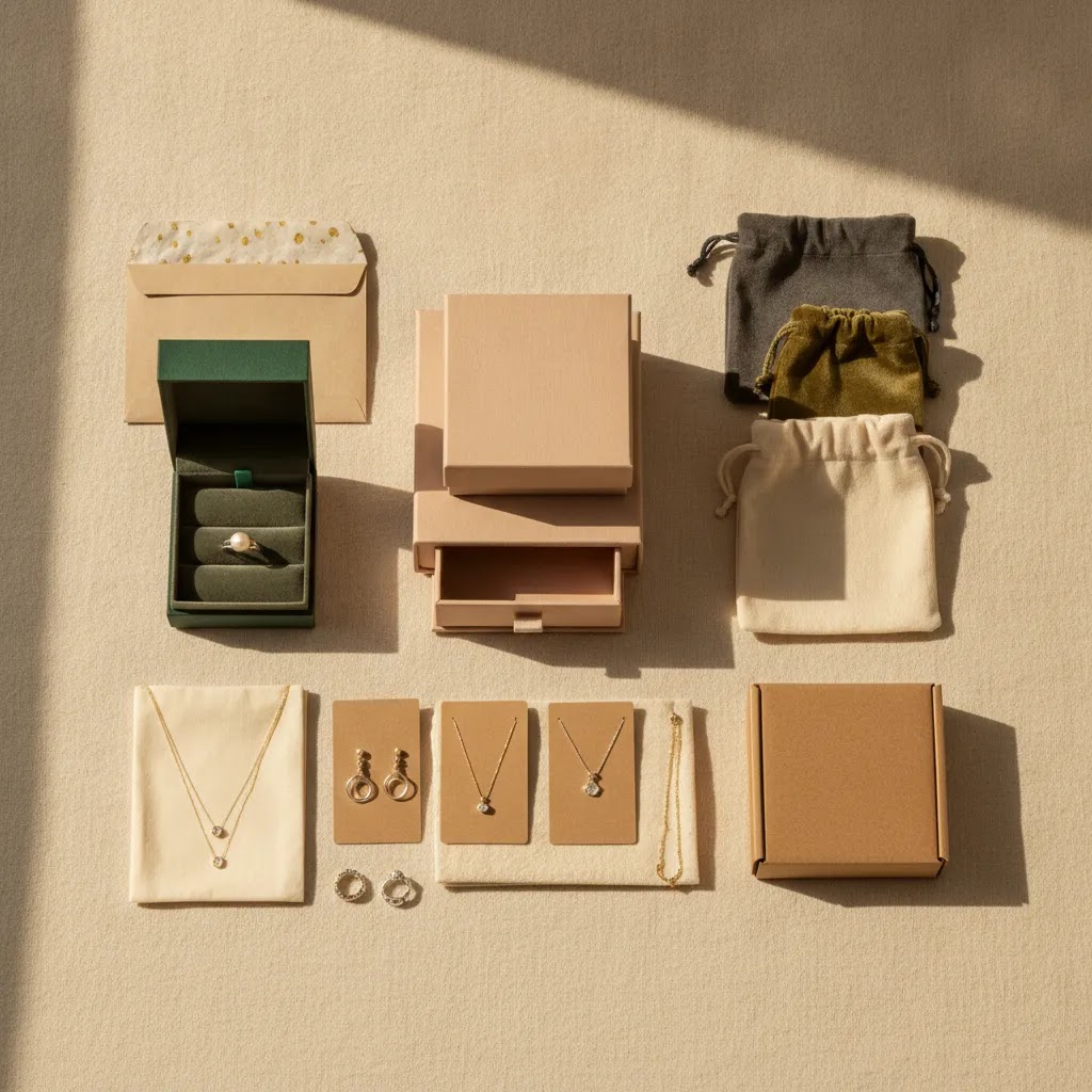 Best packaging ideas for handmade jewelry displayed in a premium editorial roundup with boxes, pouches, cards, and protective shipping materials