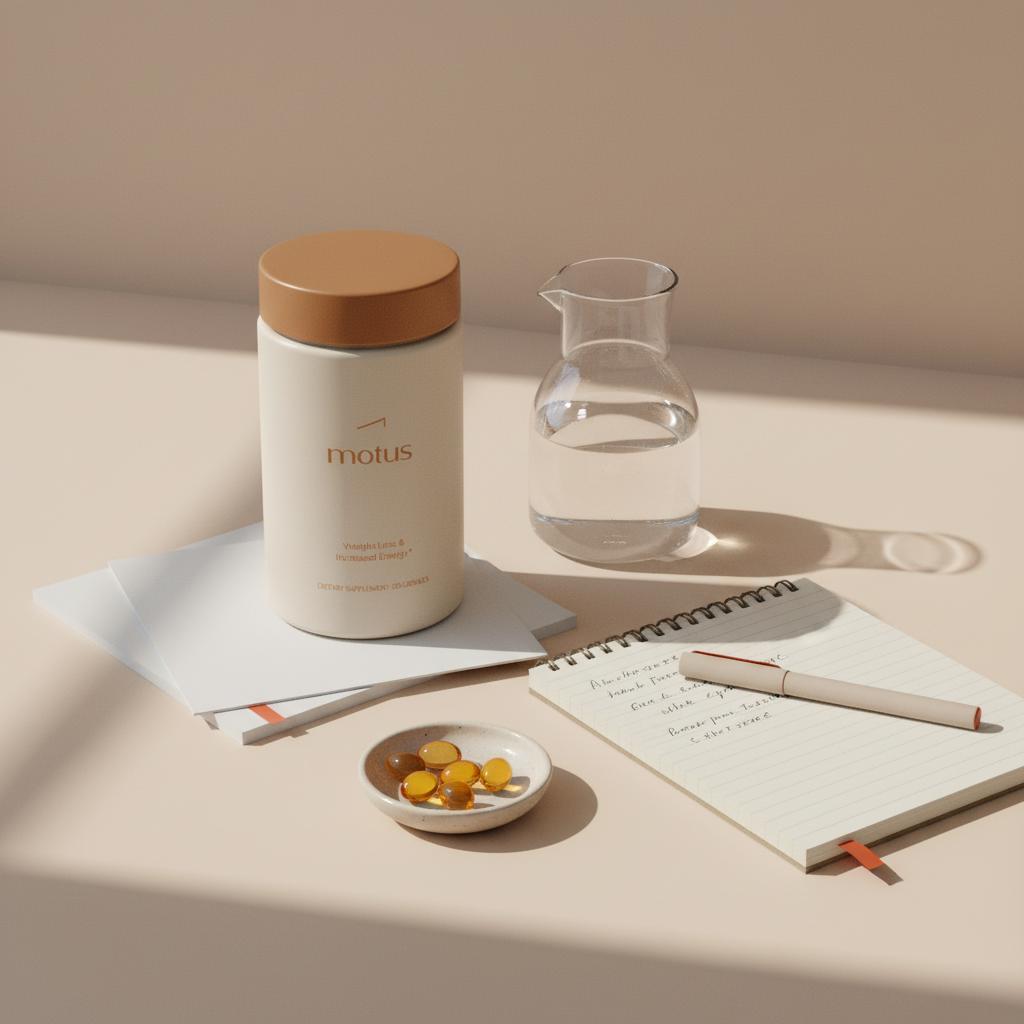 Motus supplement bottle on beige surface with nutrition papers, open lab-style notebook, glass carafe and small dish of omega-3 capsules in a minimalist clinical scene for anti-inflammatories