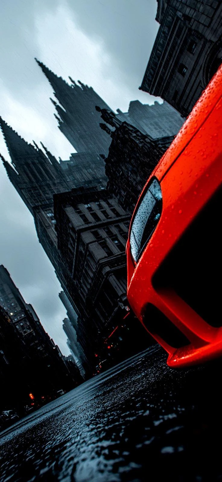 Red Toyota Supra In Gothic City - Cinematic Automotive Photography iPhone Wallpaper (736x1600)