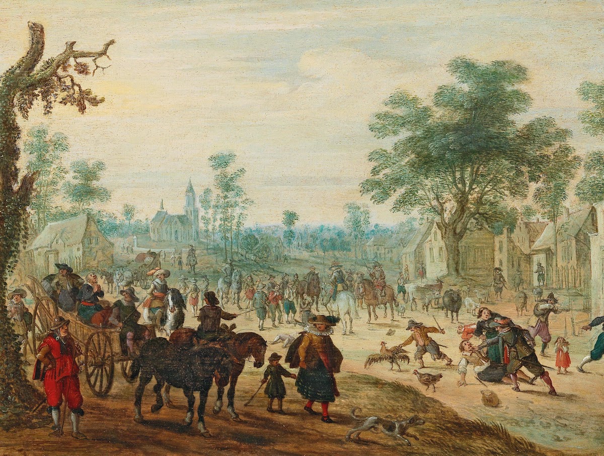 A village with numerous figures on a road