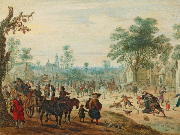 A village with numerous figures on a road