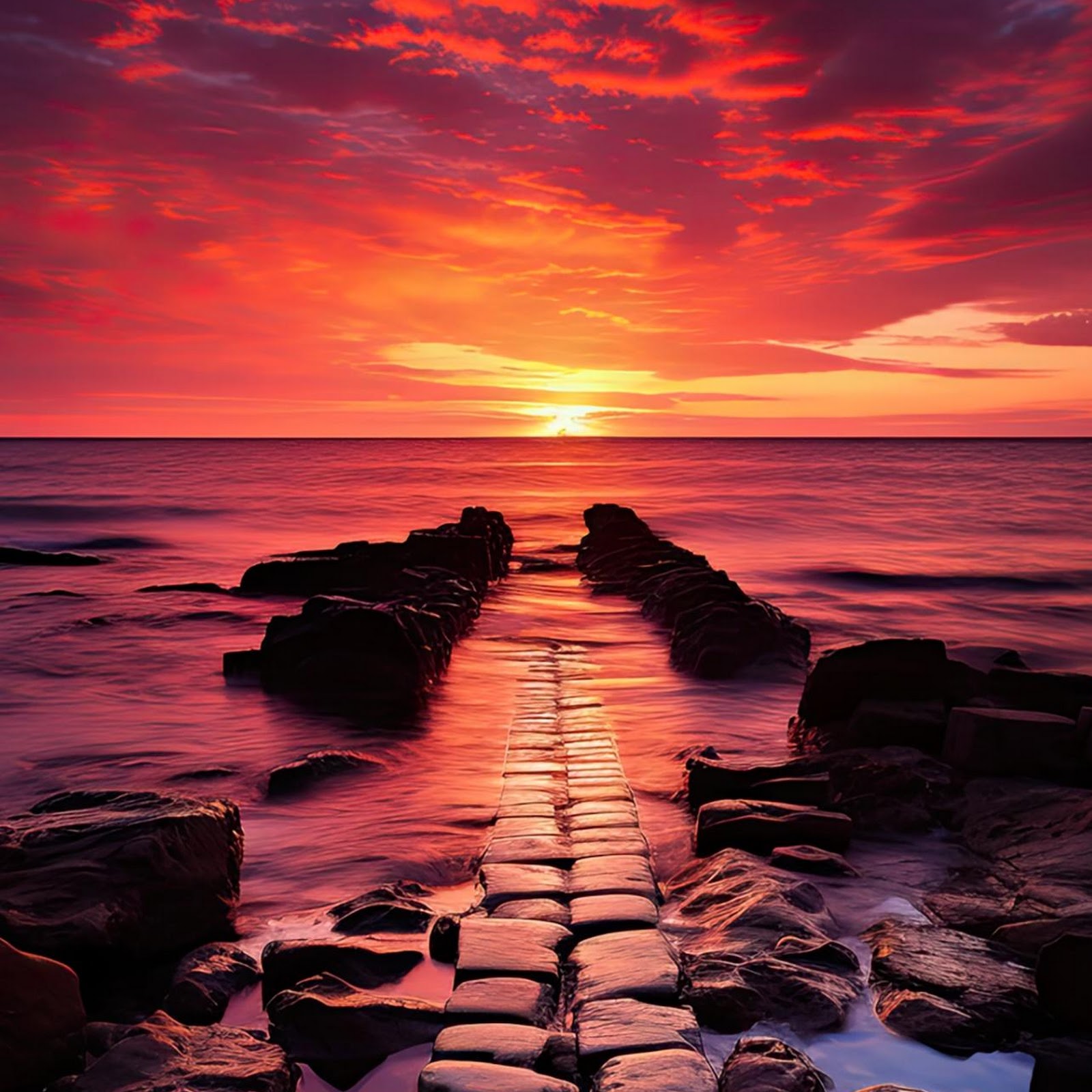 Download Stone Path Towards Ocean Sunset Full HD iPhone
