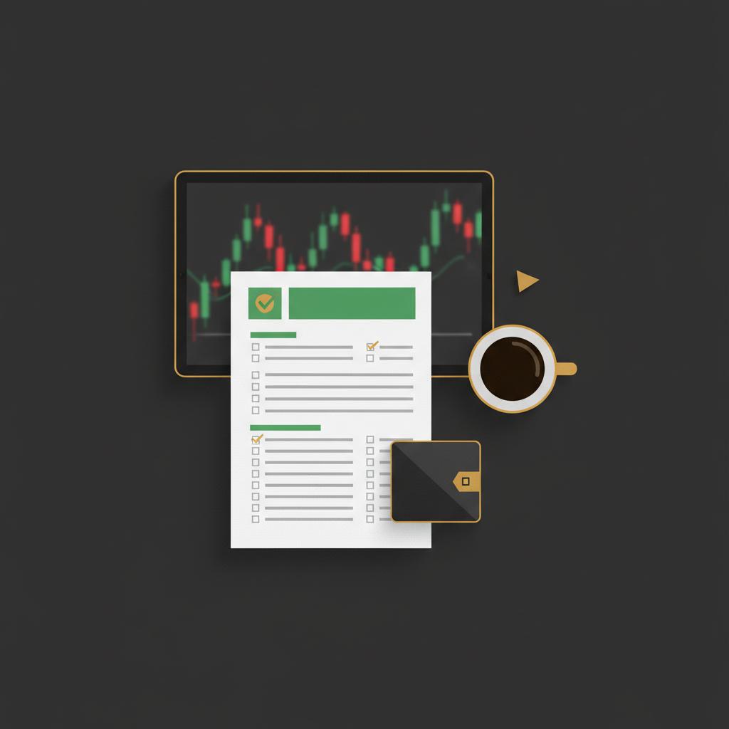 Minimalist vector flat lay of a financial checklist paper with a generic hardware wallet, coffee cup and blurred tablet showing price volatility on dark background, exit crypto now