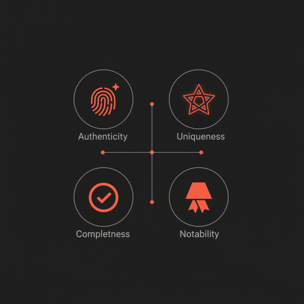 Minimal vector infographic showing four pillars (Authenticity, Uniqueness, Completeness, Notability) for how to qualify for instagram verification, black background, brand colors
