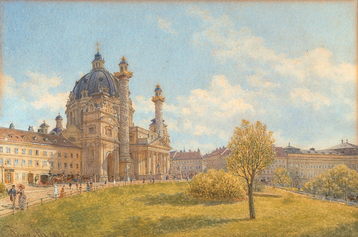 A view of Saint Charless church with strollers 1888