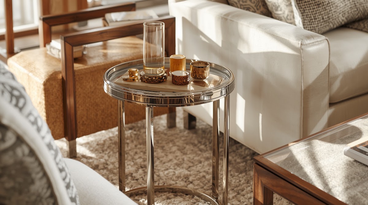 How to Make a Small Living Room Feel Bigger With Chrome Side Tables - chrome decorative objects arranged on a warm wood console