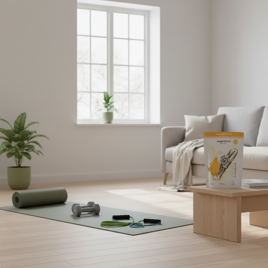 Minimalistisches Heimtrainings-Stillleben mit Yogamatte, Kurzhanteln, Widerstandsbändern und Vegardians-Produkt im hellen Wohnzimmer – ideal für bauchfett verlieren ab 50