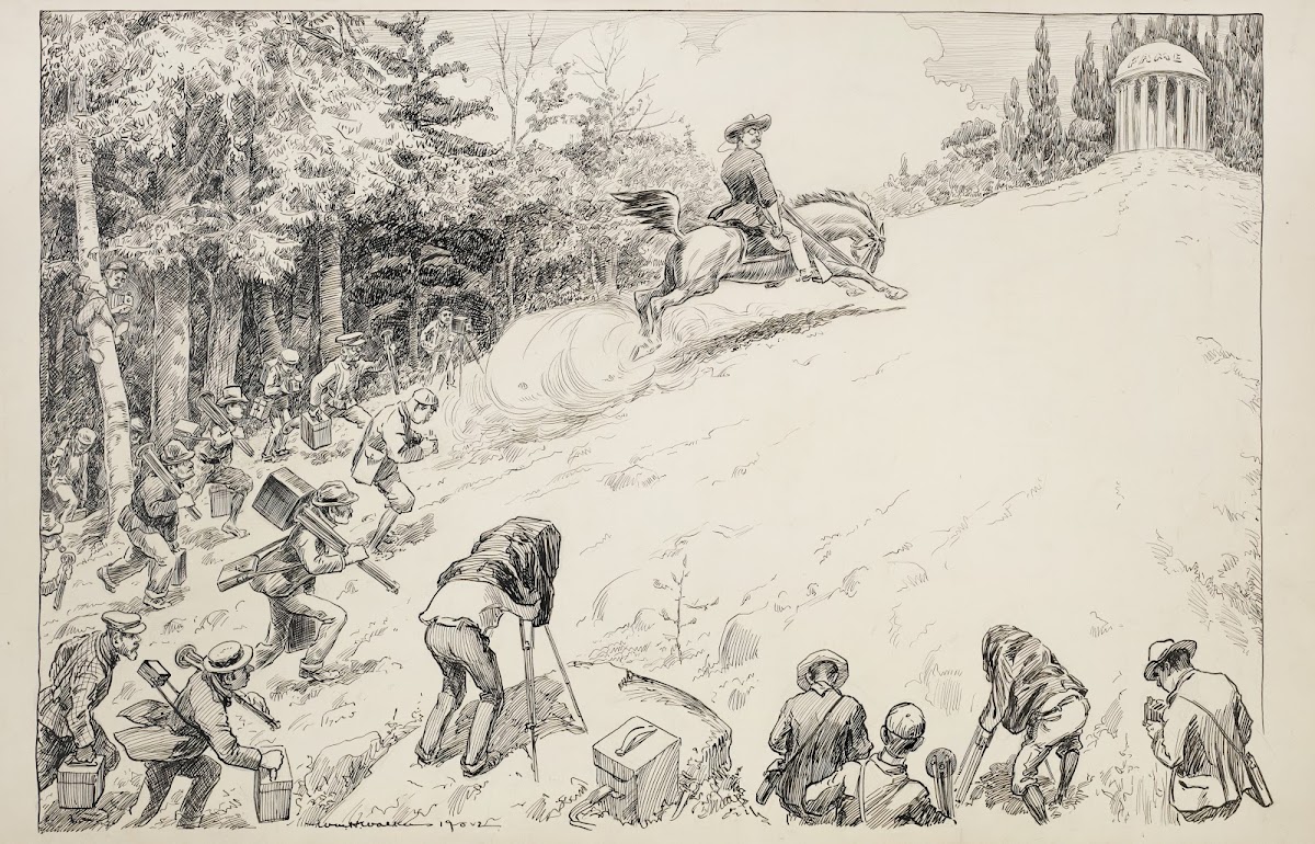 Theodore Roosevelt charges up a hill towards a building representing fame with a