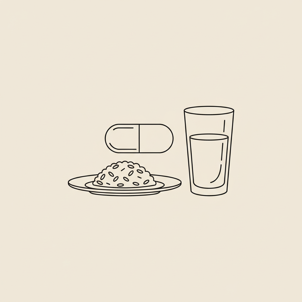 Minimalist Tonum-style line illustration of a capsule beside a plate with a small serving of rice and a water glass, symbolizing carb blocker supplements.