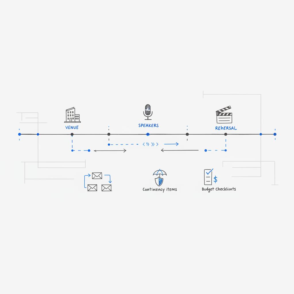 Hand-drawn notebook timeline with milestone icons for venue, speakers and rehearsal, arrows for vendor confirmation cadence, email-flow and contingency icons &mdash; 5 Cs of event planning
