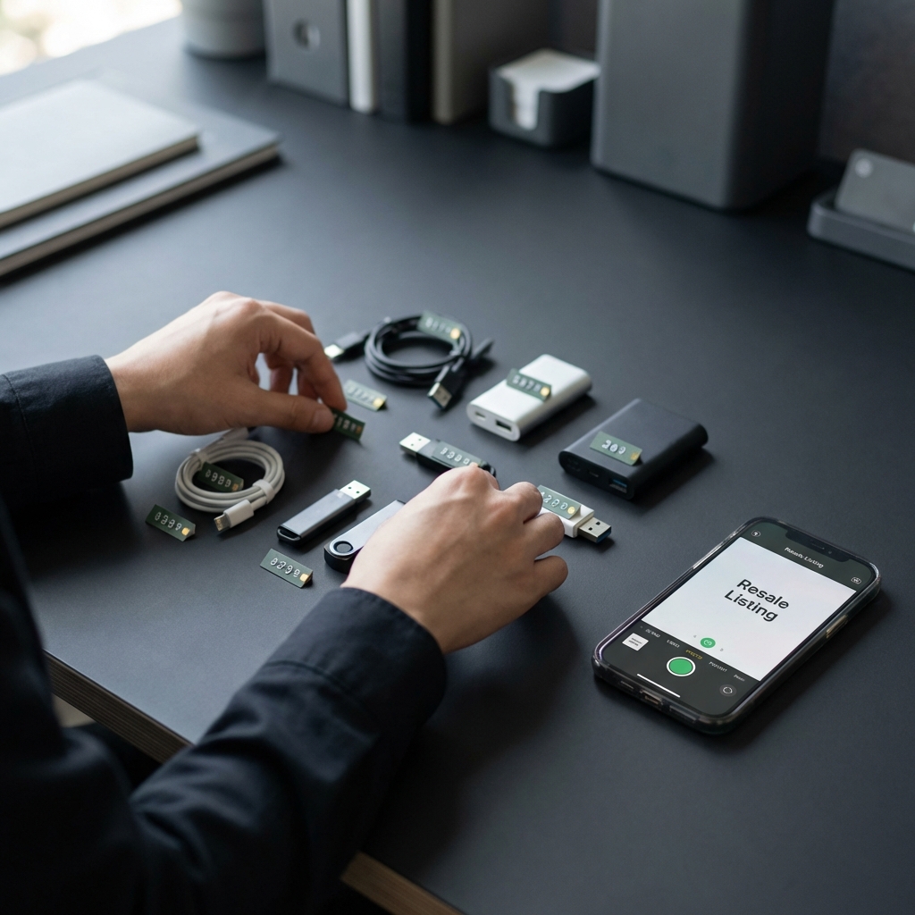 Close up of hands sorting small items for resale with price tags and a smartphone camera for listings on a dark minimalist surface, second income ideas