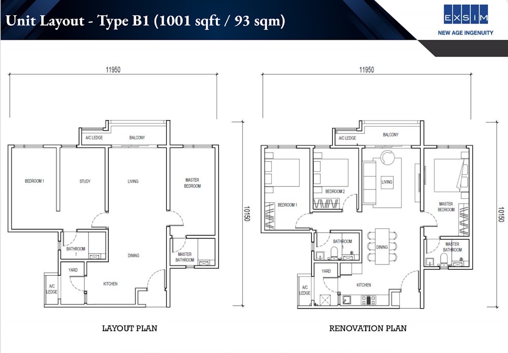 Lighthauz Type B1 floor plan — 1001 sq ft, 3 bedrooms