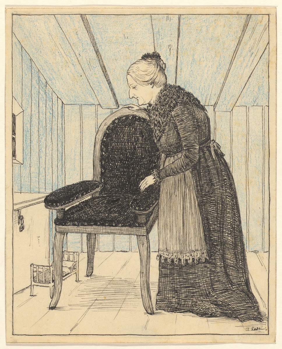 Grootmoeder bij een leunstoel in een interieur 1919
