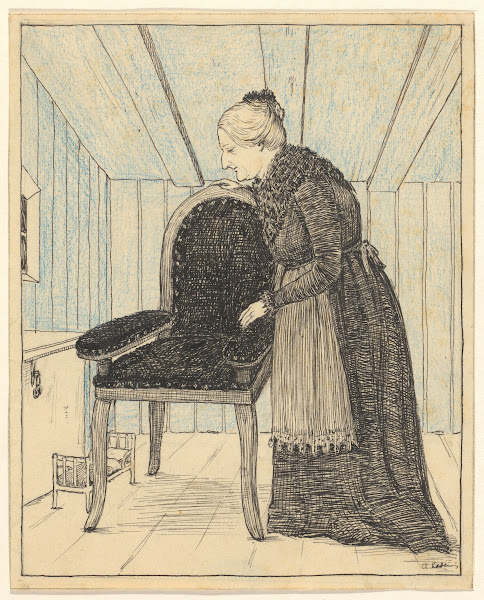 Grootmoeder bij een leunstoel in een interieur 1919
