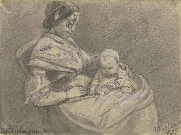 Junge Frau auf dem Schoß ein kleines Kind haltend 1839