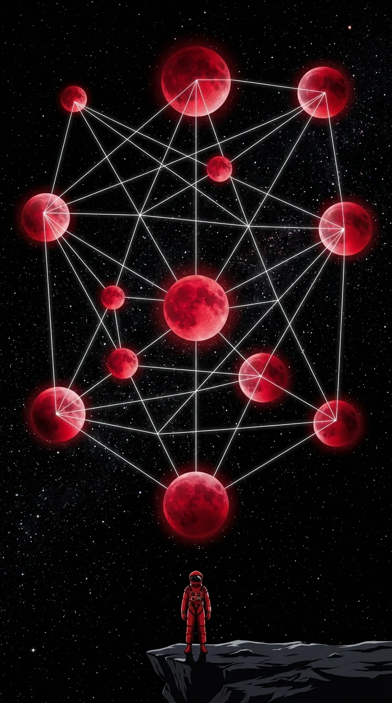 Abstract Space Composition with Red Moons and Geometric Constellations - Free 8K and 4K mobile Wallpaper Background