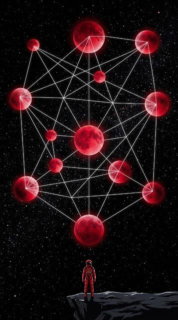 Abstract Space Composition with Red Moons and Geometric Constellations - Free mobile Wallpaper