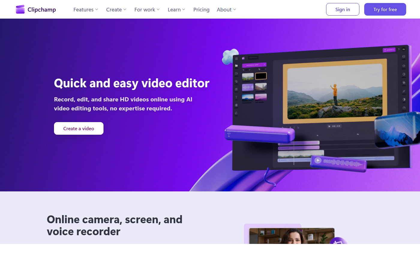 Clipchamp 메인 페이지