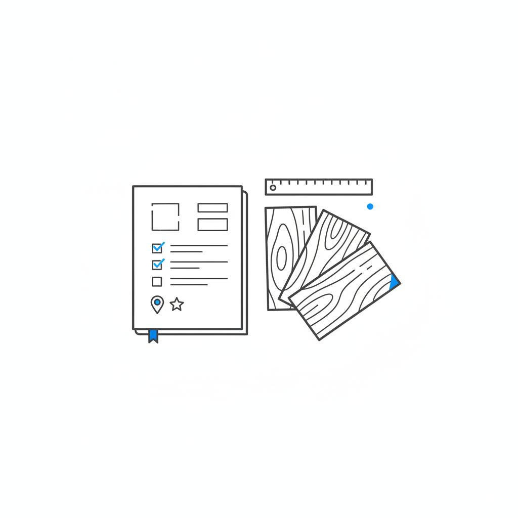 Minimalist 2D vector workspace showing ruler, wood sample swatches and a checklist-style page for local marketing and flooring leads, white background