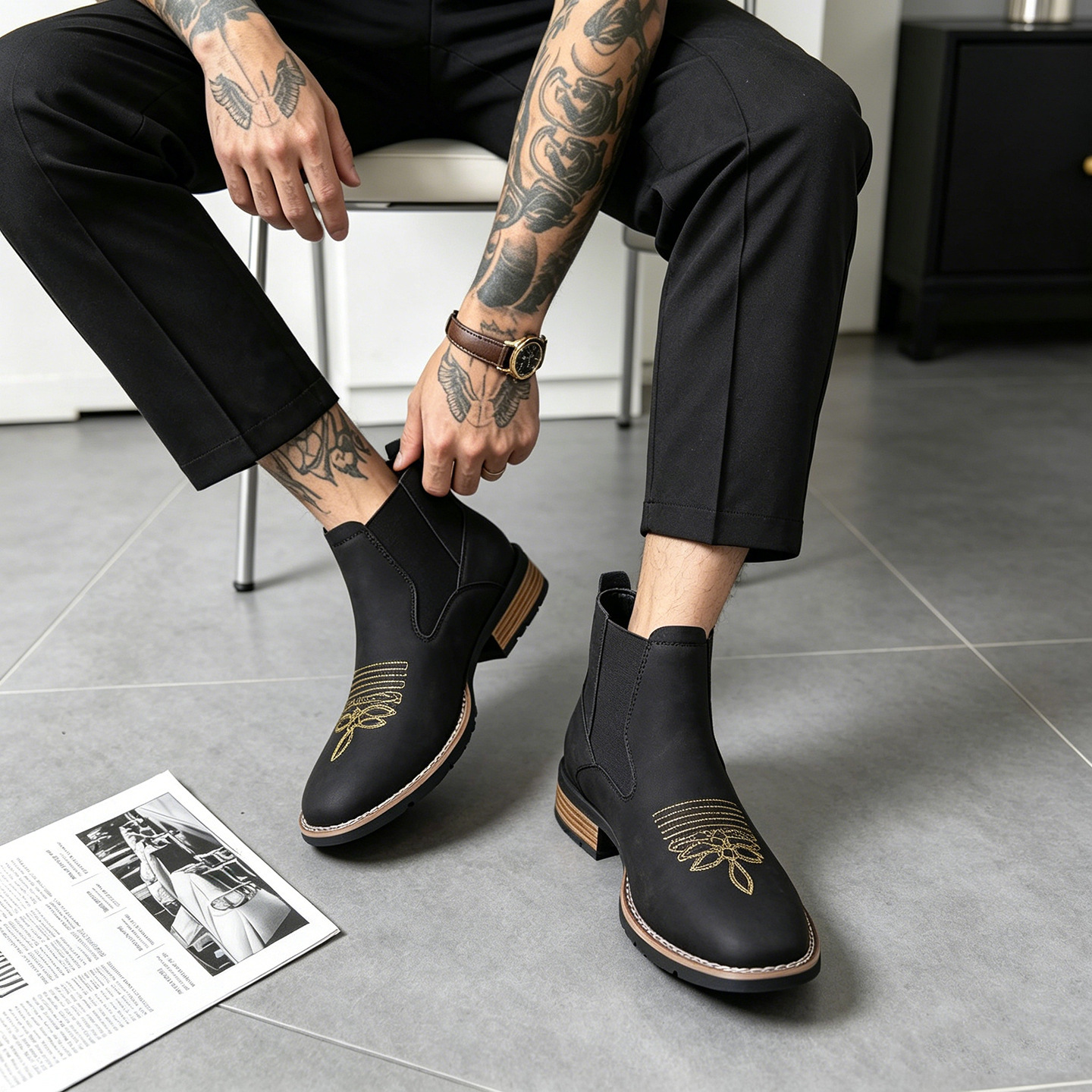  Men's Chelsea boots, square toe, synthetic leather, slip-resistant