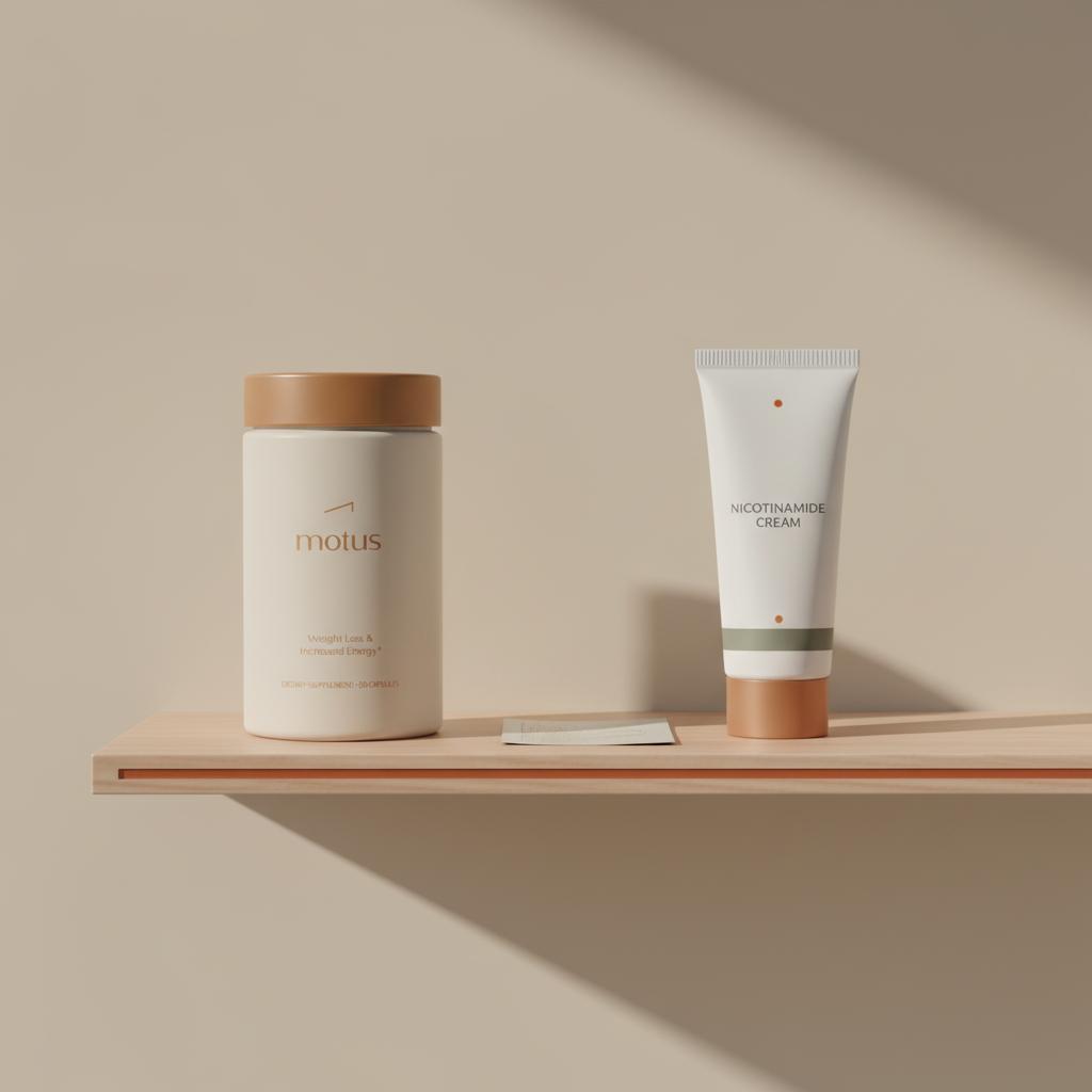 Minimalist medicine-cabinet shelf with Tonum supplement container and nicotinamide cream tube illustrating nicotinamide drug interactions and safe oral versus topical use.