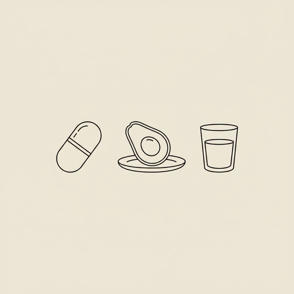 Minimal Tonum-style line illustration of a capsule, half avocado on a small plate, and a water glass on a beige background representing Lactobacillus gasseri.