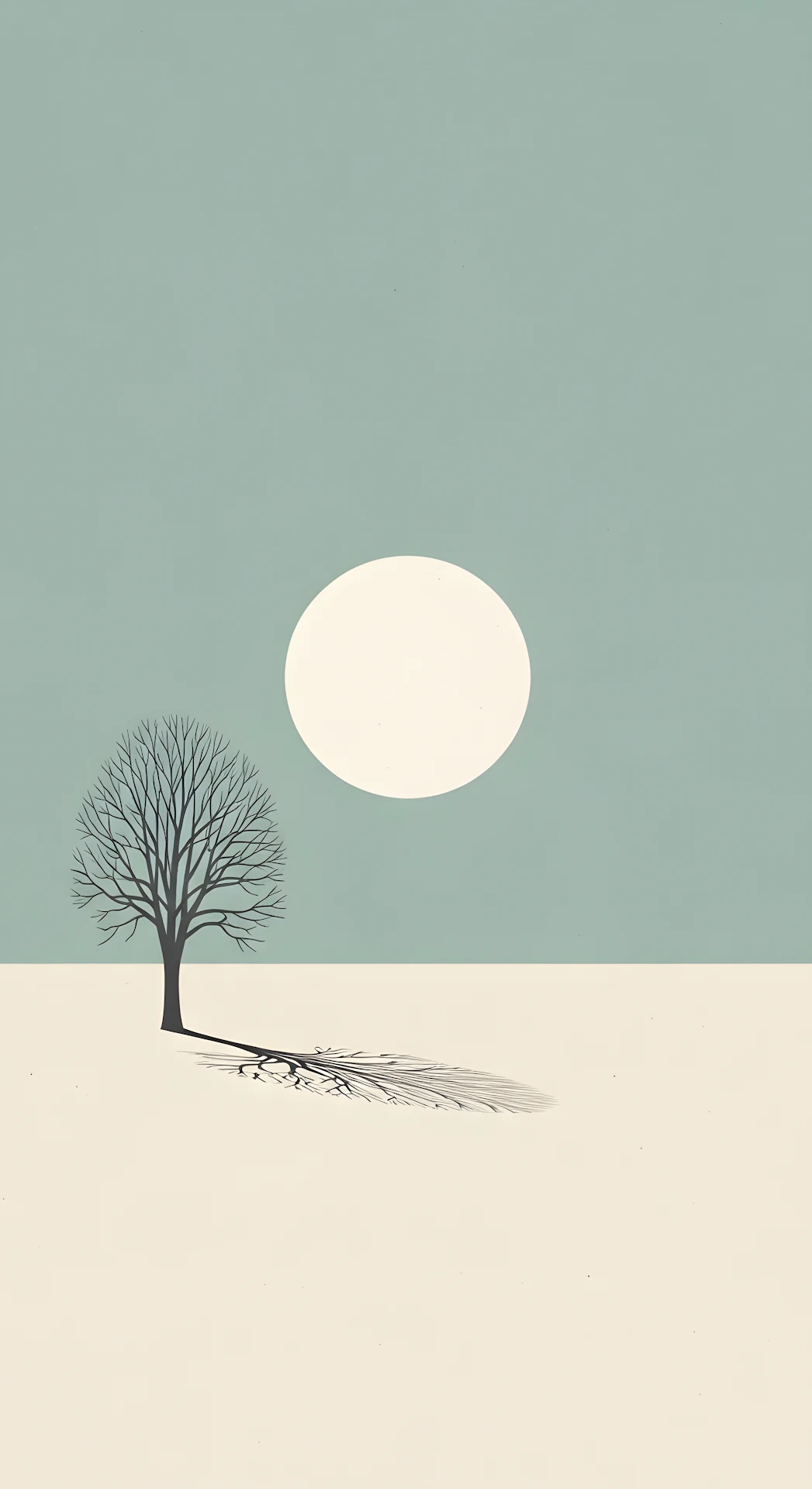 Minimalist Graphic Illustration of a Tree Silhouette Against a Large Circle and Teal Background - Free 4K mobile Wallpaper