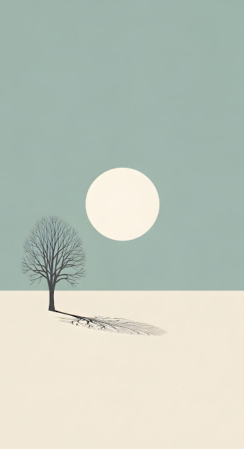Minimalist Graphic Illustration of a Tree Silhouette Against a Large Circle and Teal Background - Free mobile Wallpaper