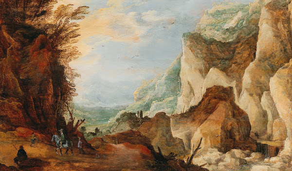 A mountainous landscape with travellers