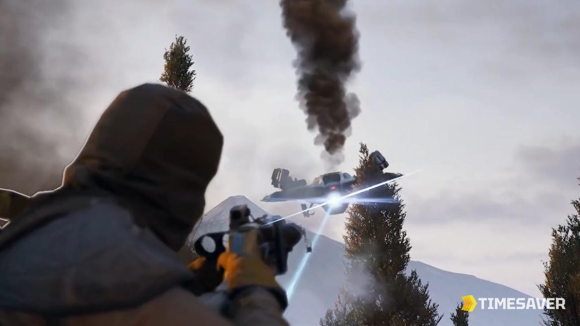 ARC Raiders Raider firing an energy weapon at a flying Vaporizer ARC enemy during a Close Scrutiny operation