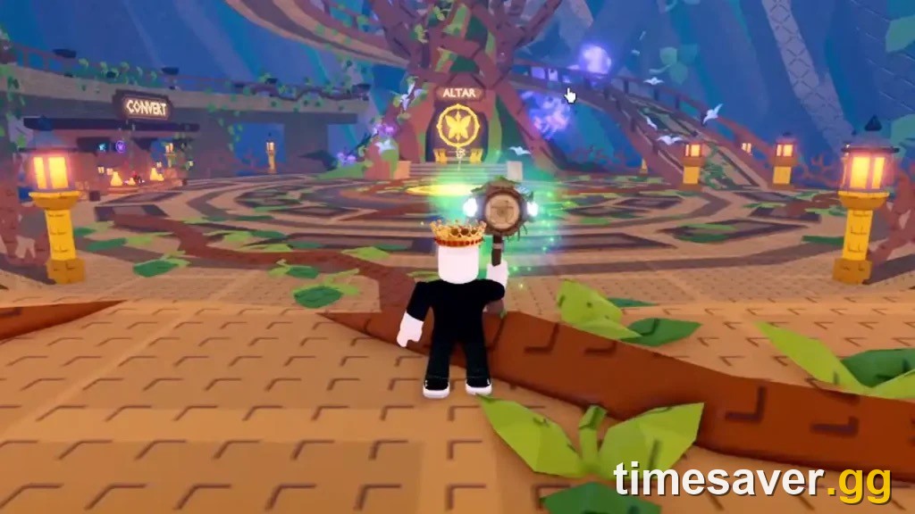 Inside the Enchanted Tree in Steal An Egg showing the Altar and Combat signs with a player holding the Butterfly Net
