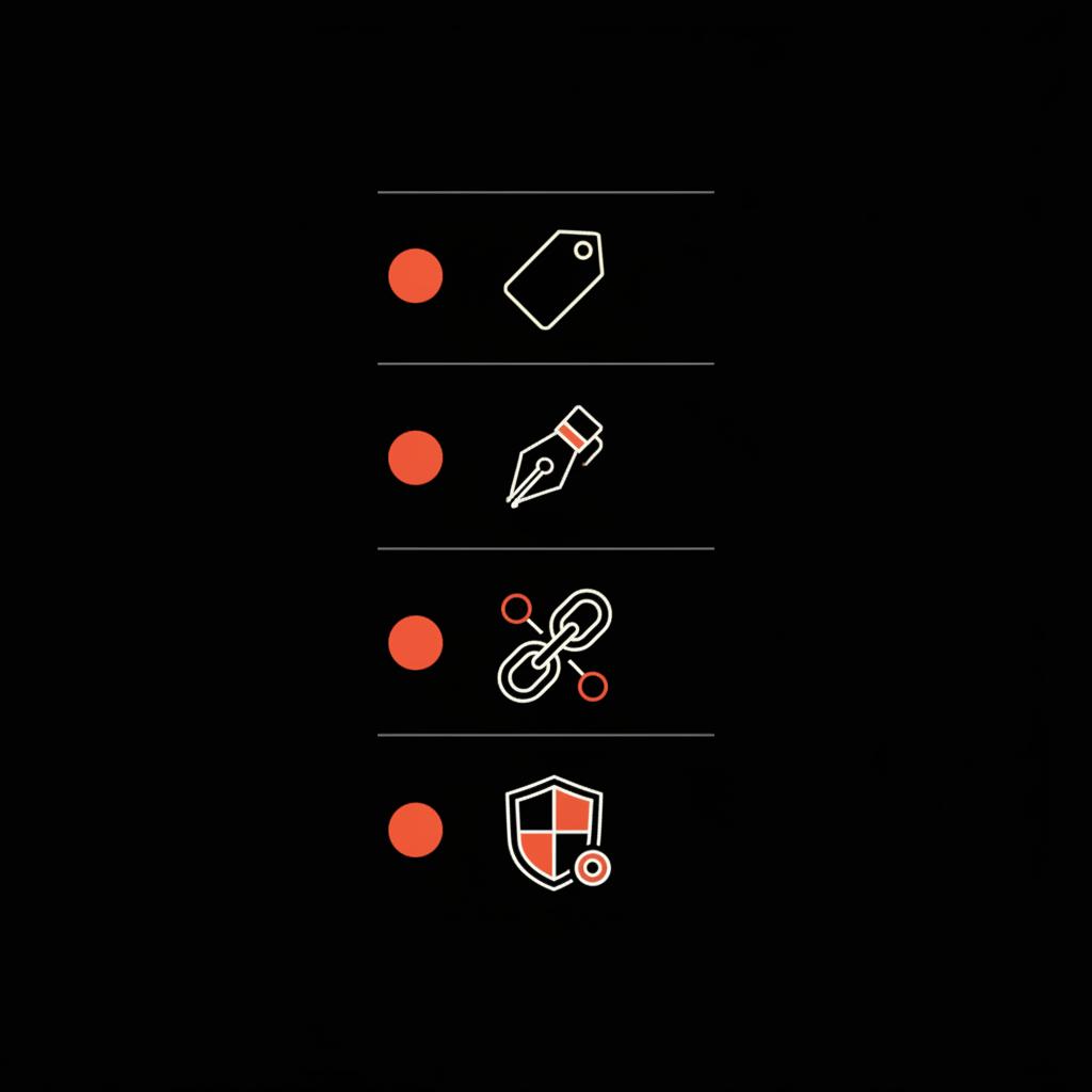 Minimal 2D vector infographic of a Signal Checklist showing four icons (tag, pen nib, stacked documents, shield) on black background using brand colors; opposite of an editorial