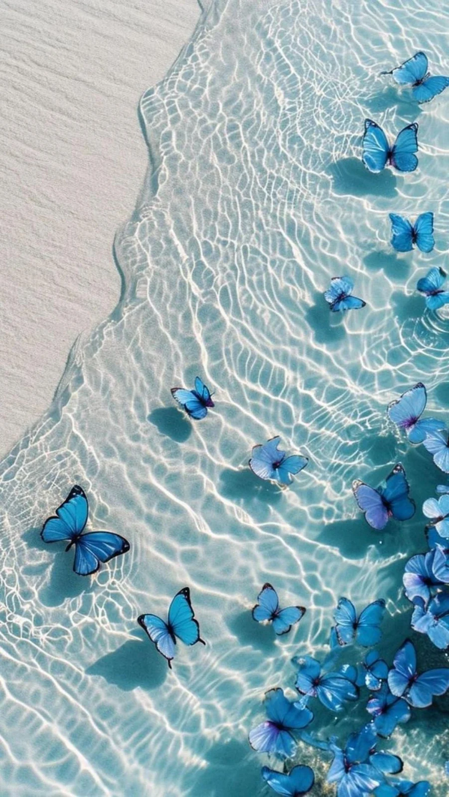 Blue Butterflies on Beach Waves - Surreal Digital Art Full HD iPhone Wallpaper (1200x2132)