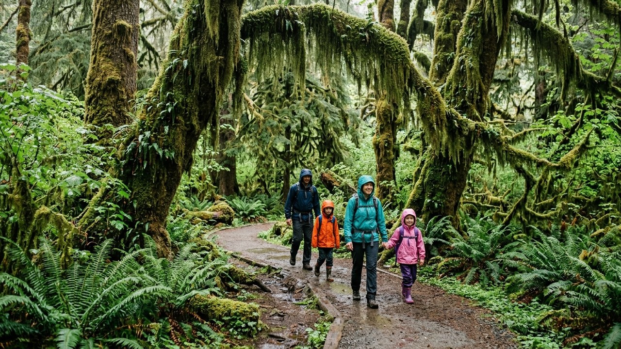 Family hiking the Hall of Mosses trail in Hoh Rain Forest Olympic Peninsula