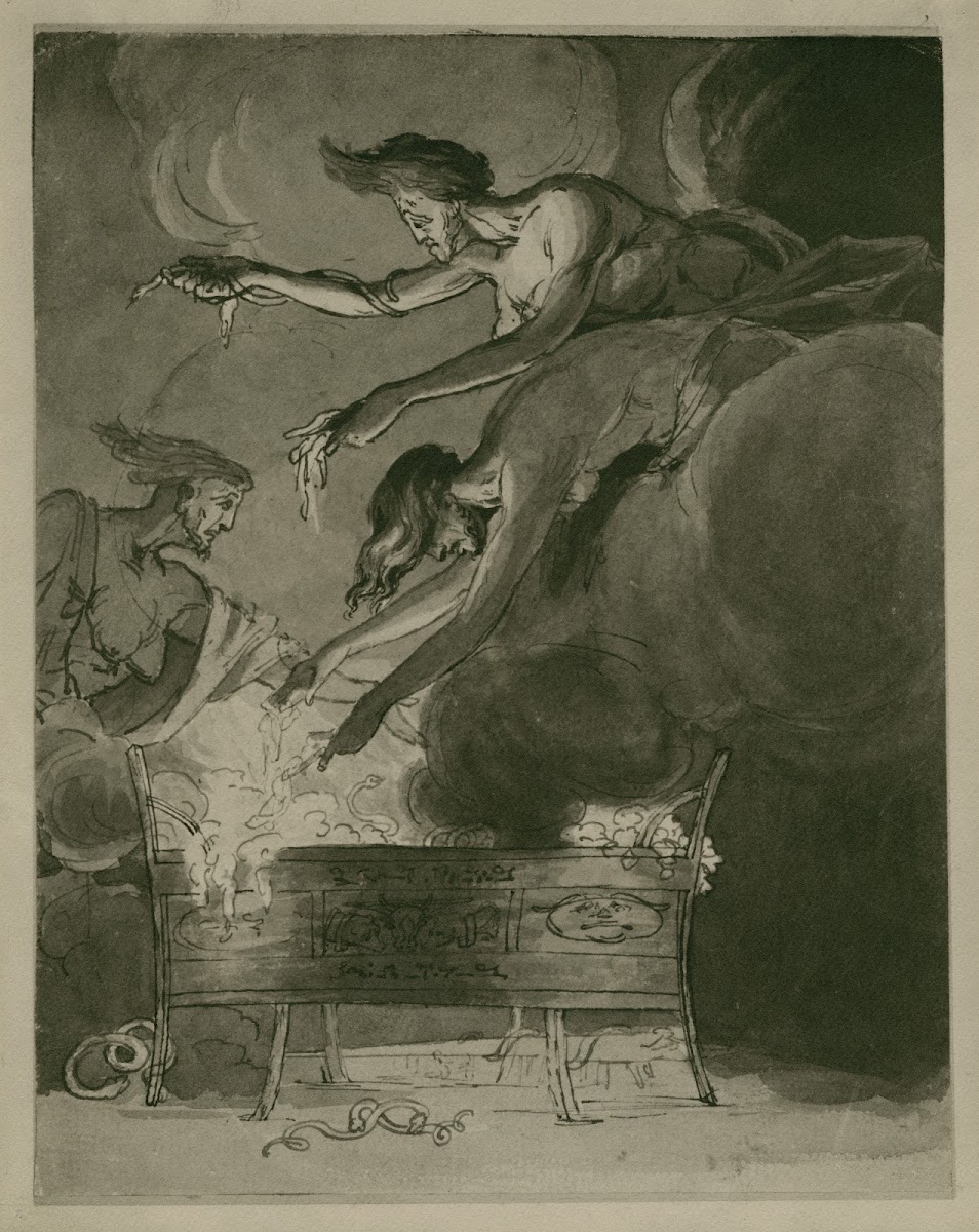 Macbeth the three witches hovering over the cauldron in the cave