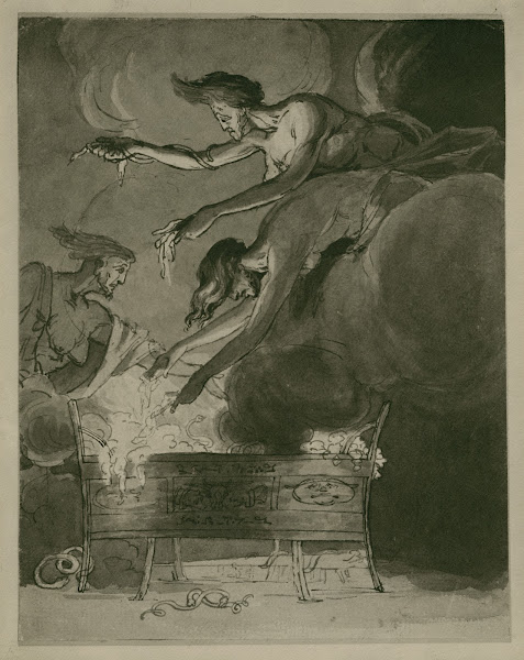 Macbeth the three witches hovering over the cauldron in the cave