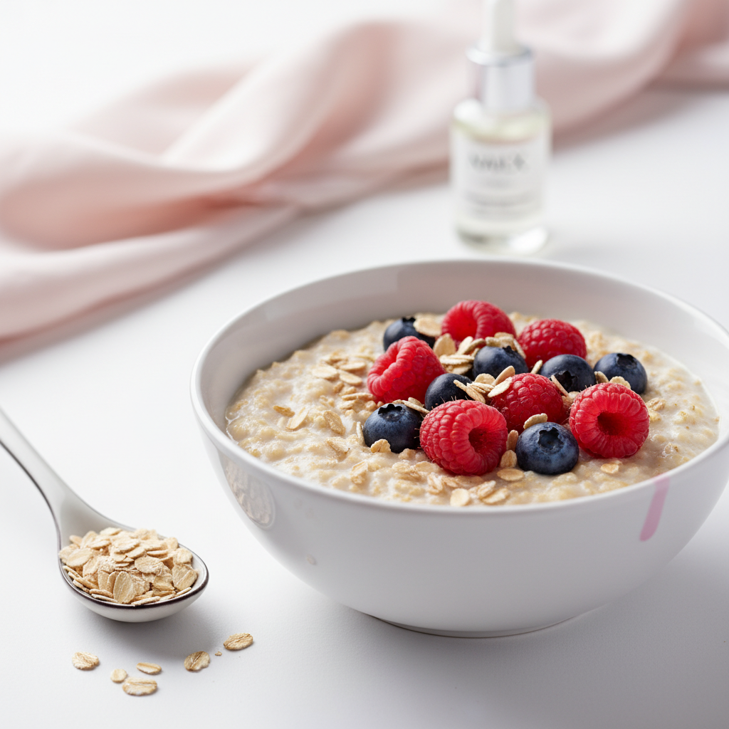 Close-up Stillleben: cremiges Porridge mit Beeren, Löffel mit Haferflocken, kleine Flasche Nagelöl im Hintergrund auf weißem Hintergrund mit soft-pink Akzent. Haferflocken für die Nägel