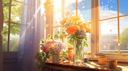 Sun Rays, Flowers, Petals, Window, Sunlight 4K Wallpaper Background