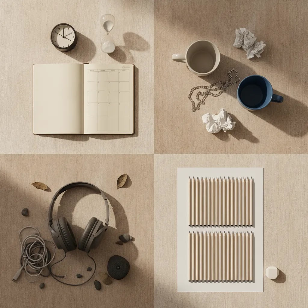 Visual guide to the four main types of stressors using symbolic everyday objects in a clean editorial layout