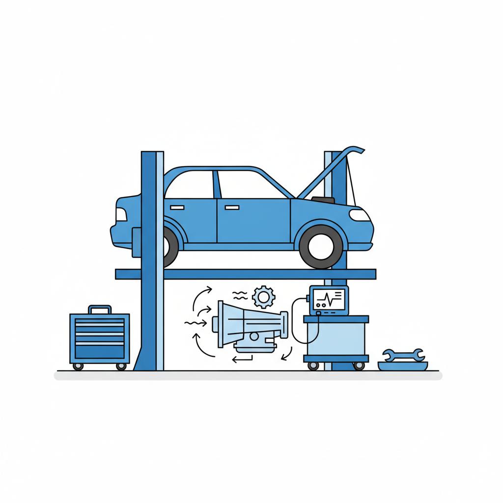 Minimalist 2D vector of a car on a lift with visible transmission and diagnostic cart during a pre purchase inspection representing hondas near me