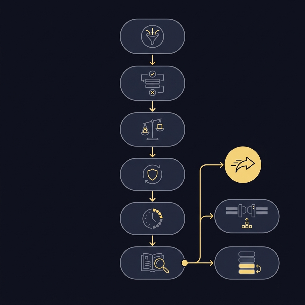 Why Prop Limits and Liquidity Matter flowchart showing pre trade checks branching to market order limit order and staged execution in Funded Plays minimalist brand colors