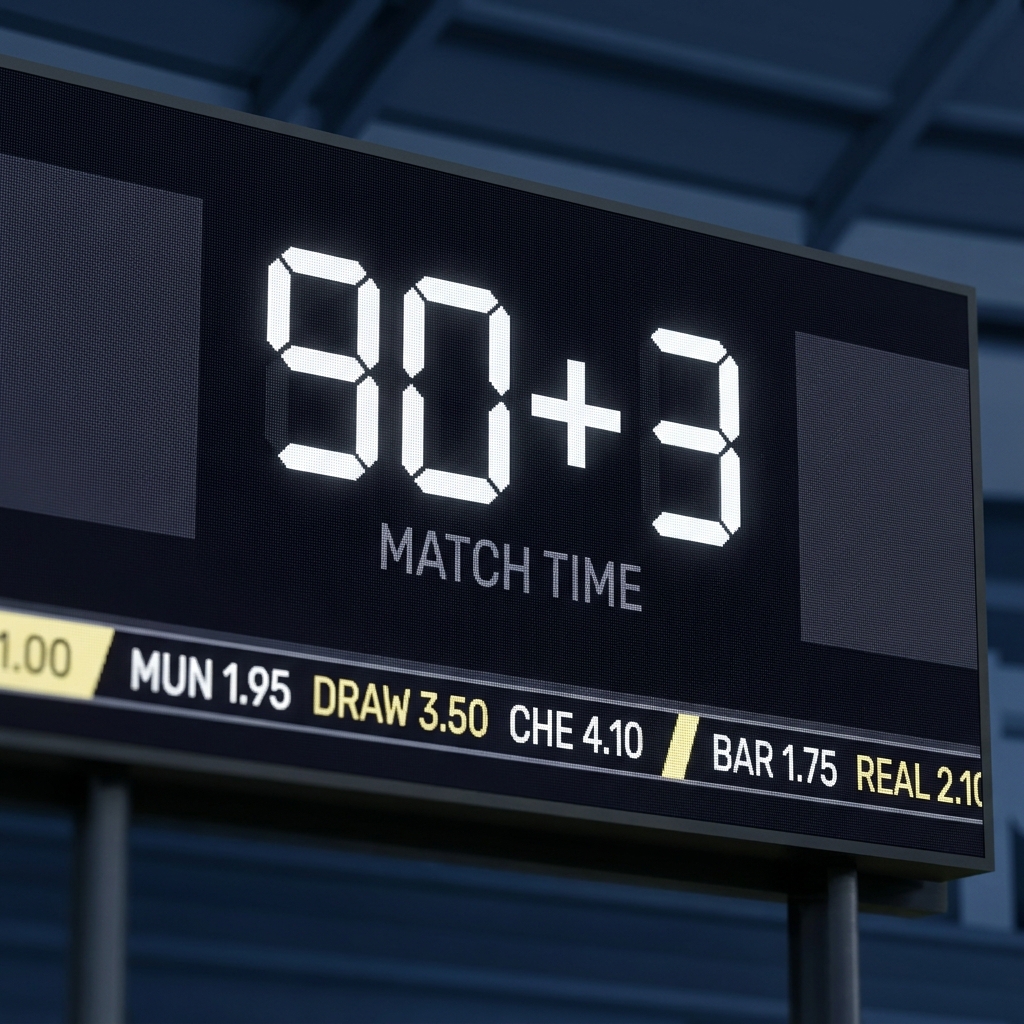 Close up of stadium match clock showing stoppage time 90 plus 3 with a subtle odds ticker in the background displaying live decimal odds Trading Soccer Favorites at Short Odds