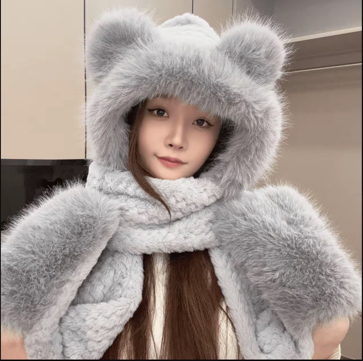 3-in-1 Set: Beanie, Scarf, and Gloves, Plush
